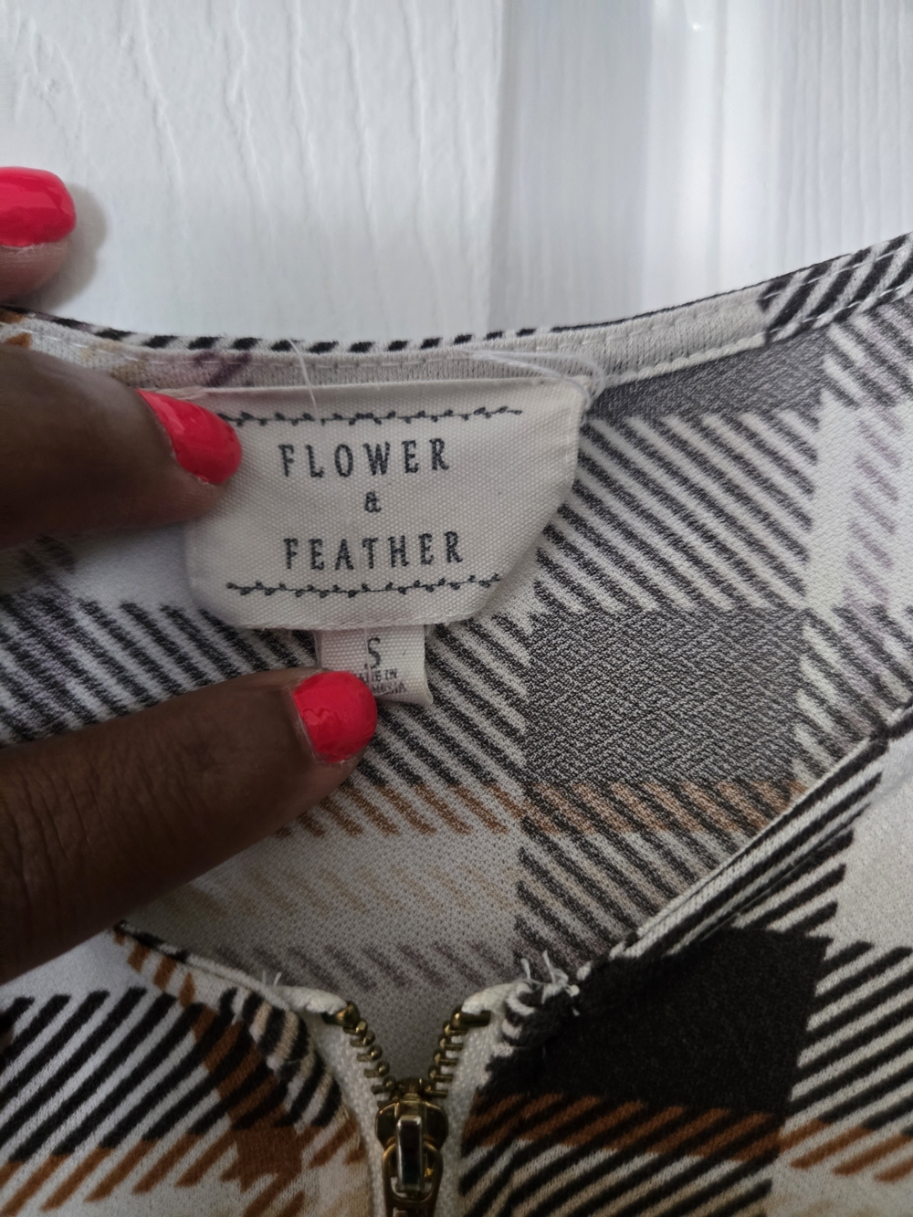 Flower & Feather Plaid Zip-Front Top in Black, White & Brown